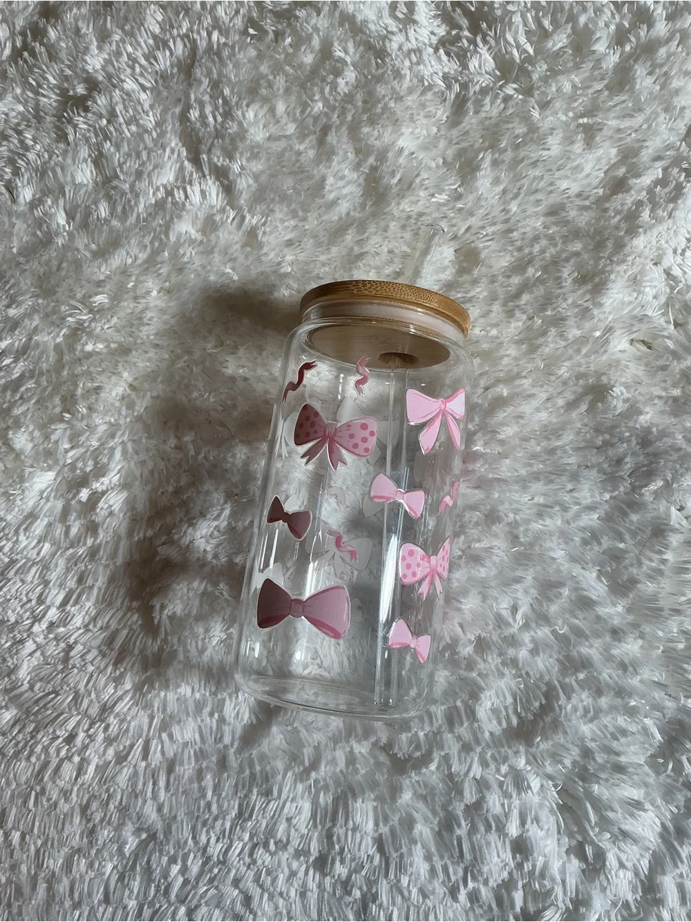Pink Bow Pattern Kids Straw Bottle with Wooden Lid